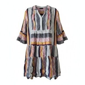 APNY Babydoll Dress L Multicolor Mixed Print Tiered Ruffle‎ Boho Aesthetic